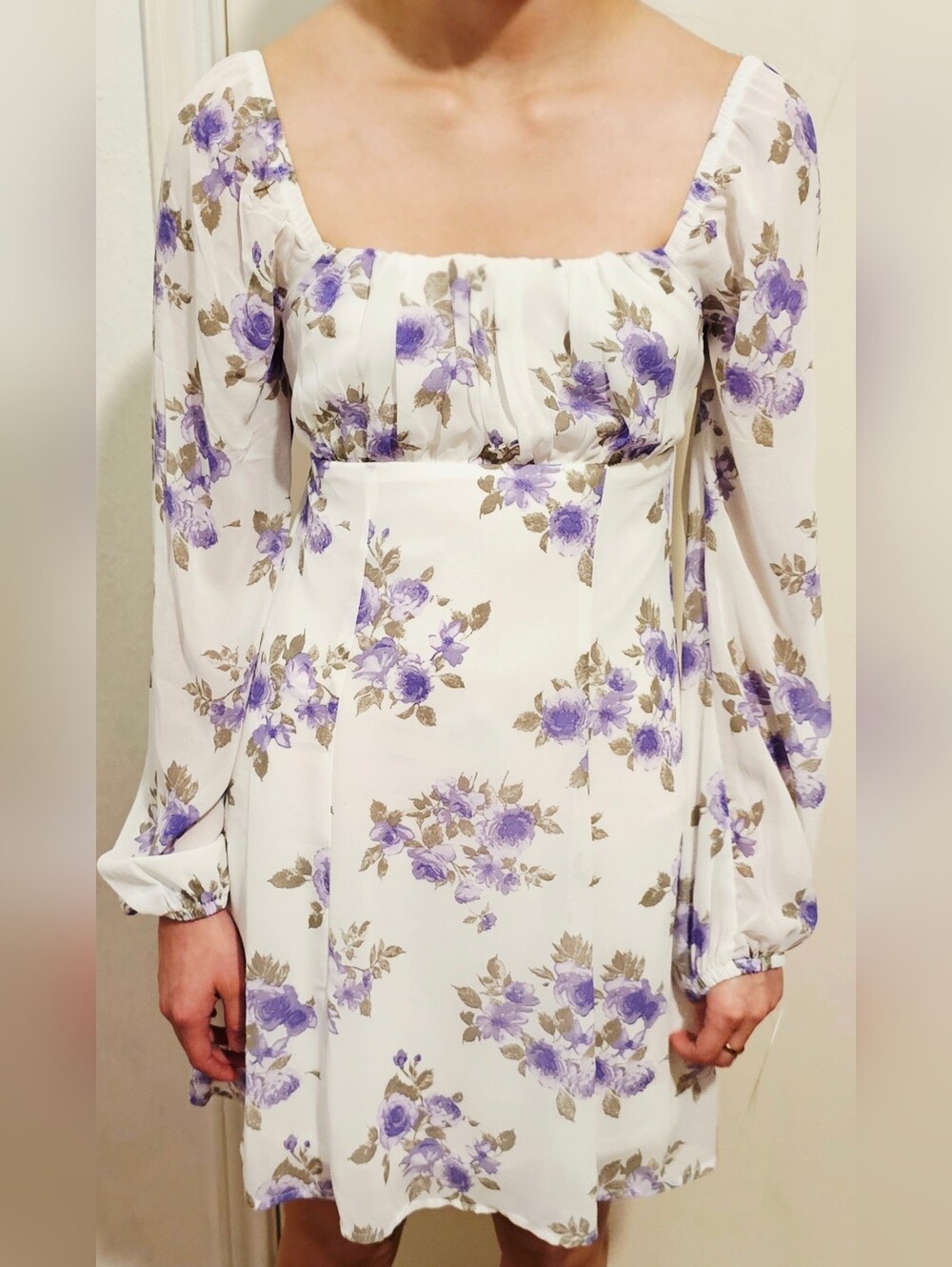 White Floral Long-Sleeve Mini Dress - Purple Rose Print